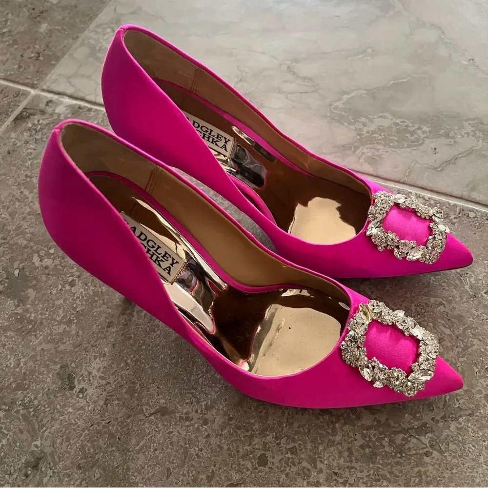 Badgley Mischka Cher Satin Brooch Embellished Pumps Pink, New, Size 7.5 - Picture 9 of 16